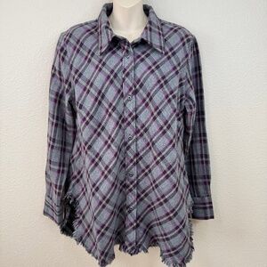 🧣 Cabi Womens Highland Flannel Gray LS Button Up Fringe Hem Shacket Shirt Sz. M